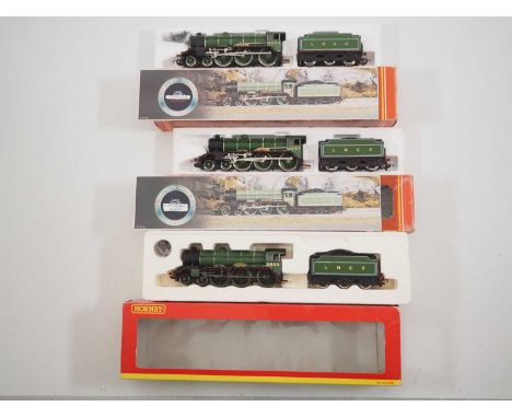 A group of three HORNBY OO gauge class B17 football team steam tender locomotives comprising R053 'Liverpool', R053 'Nottingh