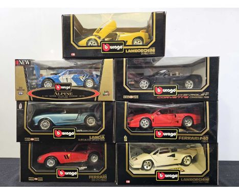 A group of BBURAGO 1:18 scale diecast cars to include Ferraris, Lamborghinis etc - VG/E in VG boxes (7)