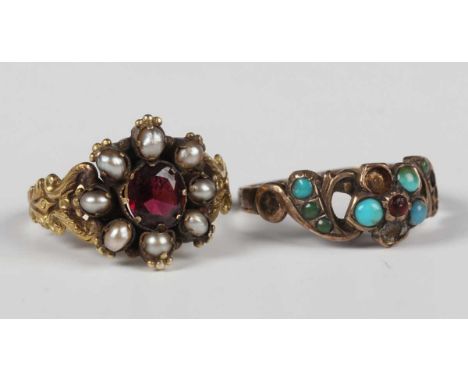A Victorian gold, garnet and pearl cluster ring, mounted with an oval cut garnet within a surround of six pearls, between scr