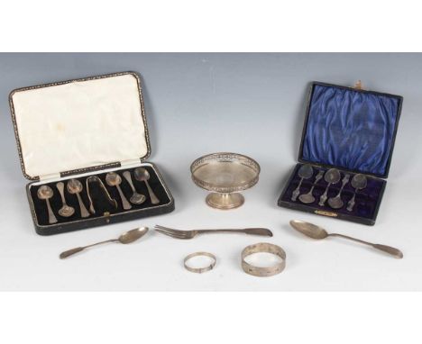 A small group of silver, including a bonbon tazza with pierced rim, Sheffield 1936 by Mappin &amp; Webb, height 5.8cm, a bang