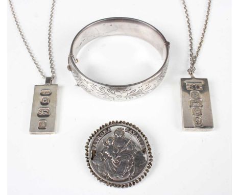 Two silver ingot pendants, lengths 4.2cm and 4cm, two silver oval link neckchains, lengths 50cm and 46cm, a silver oval hinge