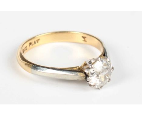 An 18ct gold, platinum and diamond single stone ring, claw set with an old cut diamond, detailed ‘18ct PLAT’, weight 2.8g, di