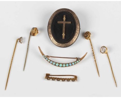A gold and opal brooch, designed as a crescent, width 5.1cm, a gold, seed pearl and gem set bar brooch, total weight 4.8g, an