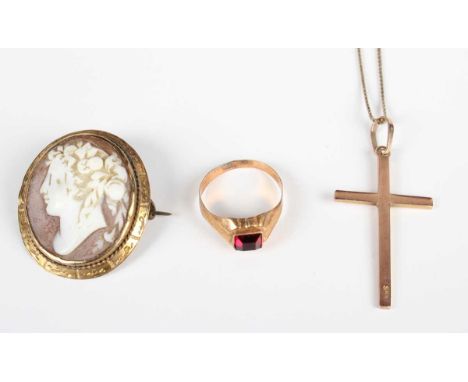 A gold pendant cross, detailed ‘9ct’, length 4cm, with a gold neckchain on a cylindrical clasp, detailed ‘9’, length 37.5cm, 