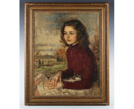 Thomas Sherwood La Fontaine (British 1915-2007) - Portrait of a young girl, Mary Pritchard, with the family home of the Manor