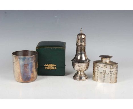 A George V silver cylindrical beaker, initial and date engraved, London 1932 by Harman &amp; Co, height 9cm, cased, a silver 