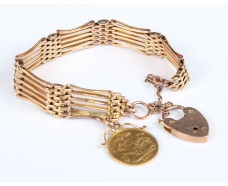 A gold bar and oval link gate bracelet, detailed ‘9ct’, on a gold heart shaped padlock clasp, detailed ‘9ct’, length 18cm, fi