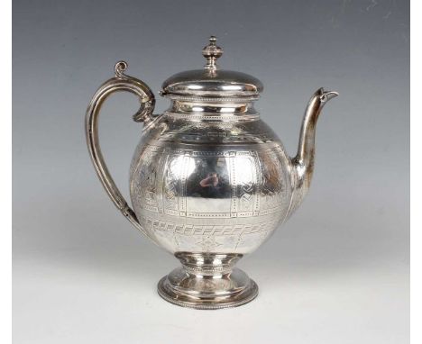 A Victorian silver coffee pot, the ovoid body and hinged lid engraved with strapwork decoration between beaded bands, on a si