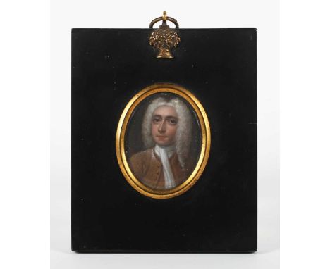 British School (18th century) - Portrait miniature of a gentleman, oil on metal, oval, 4.5cm x 3.5cm, within an ebonized fram