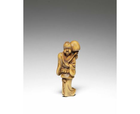 NETSUKE EN BOIS REPRÉSENTANT OKAMEPar Sansho, fin du XIXe siècleA WOOD NETSUKE OF OKAME (GODDESS OF MIRTH)By Sansho, late 19t