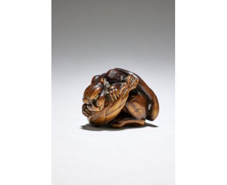 NETSUKE EN BOIS REPRÉSENTANT UN TIGRE MORDANT DANS UNE POUSSE DE BAMBOUPar Matsuda Sukenaga, Takayama, Province de Hida, débu