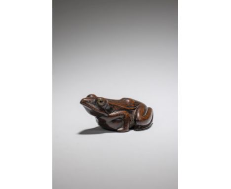 NETSUKE EN BOIS REPRÉSENTANT UNE GRENOUILLEXIXe siècleA WOOD NETSUKE OF A FROG19th centuryThe large, smooth-skinned frog squa