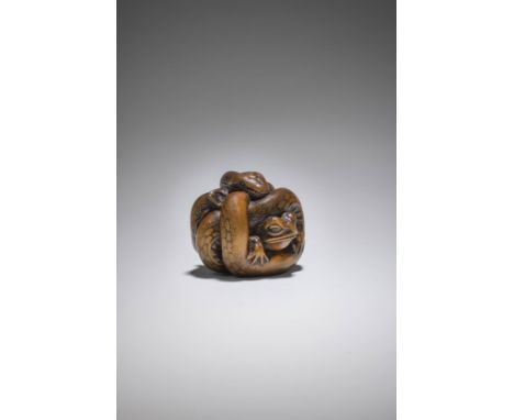 NETSUKE EN BOIS REPRÉSENTANT LE SANSUKUMIPar Masanao, Yamada, Province d'Ise, XIXe siècleA WOOD NETSUKE OF THE SANSUKUMI (THR