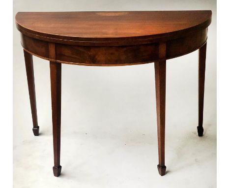 CARD TABLE, George III mahogany and satinwood with line and sunburst inlaid foldover top on spade feet, 74cm H 105cm W x 51cm