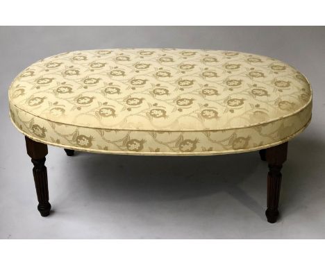 HEARTH STOOL, oval silk yellow pomegranate print, 92cm x 57cm x 41cm H. 