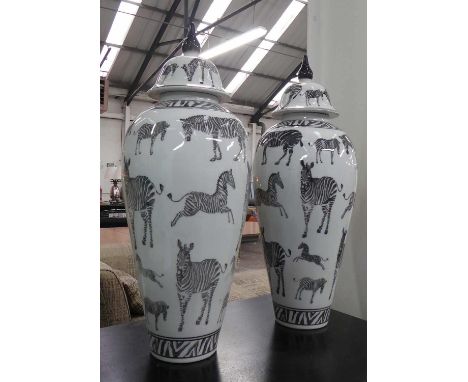 VASES, with covers, a pair, contemporary zebra print design, 60cm H. (2) 