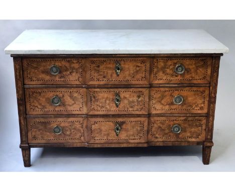 COMMODE, 18th century Continental walnut with ebonised stringing and floret marquetry with three long drawers and white Carra
