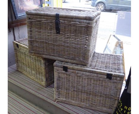 WICKER HAMPER BASKETS, a set of three, 71cm x 51cm x 51cm. (3) (slight faults) 