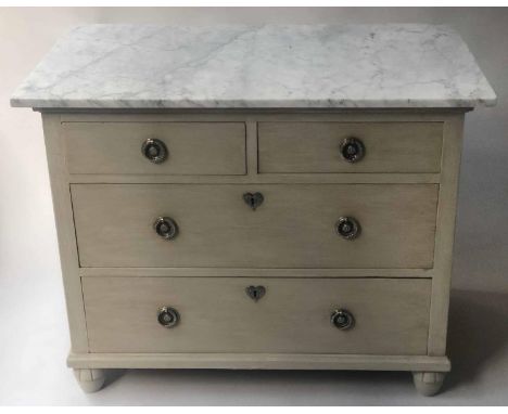 COMMODE, 19th century North European traditionally grey painted and silver metal mounted with marble top above two short and 