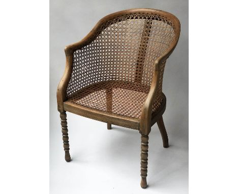ARMCHAIR, Victorian beech framed and cane panelled with bobbin turned supports. 