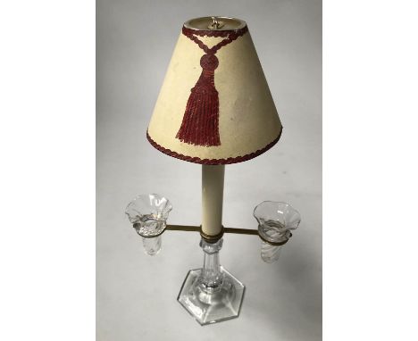 BACCARAT CANDLE LAMP, French baccarat glass and American patent 'Artic' amalgamated candle lamp with twin glass posy holders,