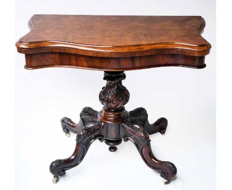 SERPENTINE CARD TABLE, Victorian burr walnut, the serpentine front foldover baize lined top above carved column and quadruped