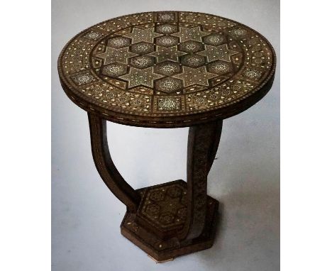 LAMP TABLE, early 20th century Art Deco style circular Moorish bone ebony and specimen wood inlaid with undertier, 42cm x 49c