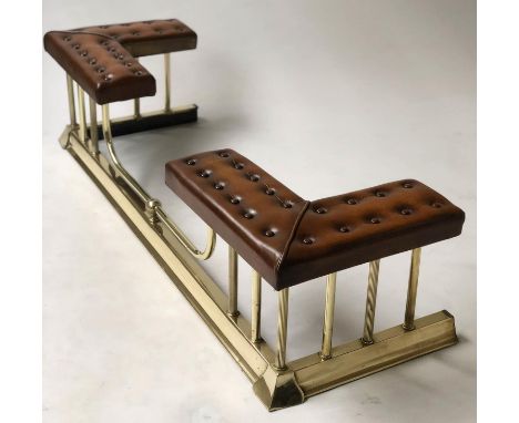 CLUB FENDER, Victorian style brass with buttoned brown leather pads and balustrade support, 140cm W x 36cm H x 43cm D interna
