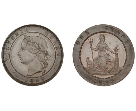 Victoria (1837-1901), Restrike Pattern Penny, 1860, by J. Moore for E. Shorthouse, in copper, type 3, in bronzed-copper, laur