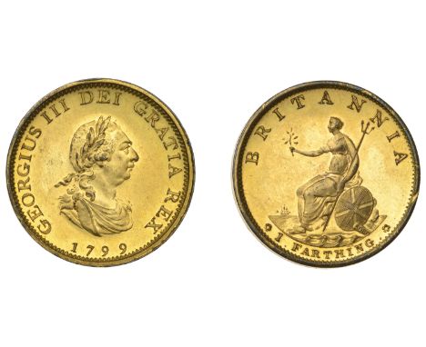 George III (1760-1820), Pre-1816 issues, Restrike Proof Farthing, 1799, in gilt-copper, 6 olive leaves detached, edge plain, 