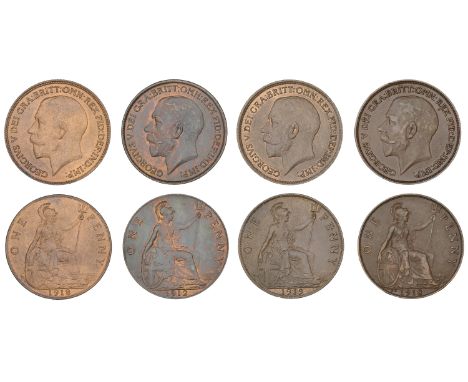 George V (1910-1936), Pennies (4), 1912, 1918, 1918kn, 1919 (F 172, 182, 184-5; BMC 2243, 2252, 2254-5; S 4051, 4053) [4]. Fi