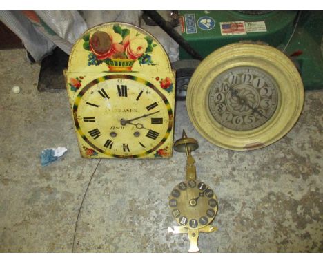 An early electric wall clock together with a longcase movement with hand painted dial signed Fraser and one other movementLoc