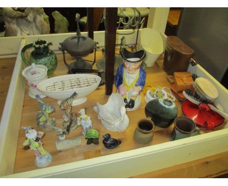 A miscellaneous collection of items to include a Chelsea porcelain figure of a jester, two Royal Worcester porcelain bird gro