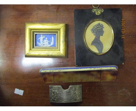 Collectables to include a 19th century silhouette, a blue Jasper stoneware plaque, an enamelled comb and a silver card caseLo