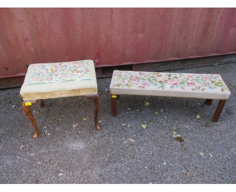 A 19th century mahogany stool with floral tapestry upholstery, raised on cabriole legs, together with a 20th century example 