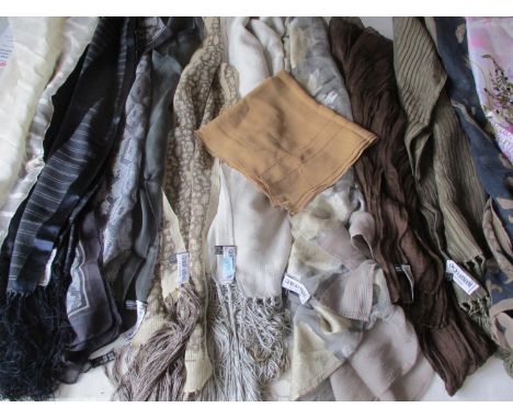 Giorgio Armani - A quantity of chiffon and silk scarves, two tasselled wraps and a silk neckerchief together with a Mondi nav
