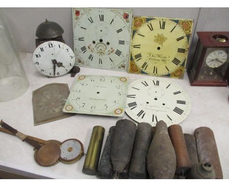 A French wall clock with enamelled dial and bird cage movement together with five long case clock dials, various weights and 