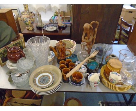 A mixed lot of kitchenalia, household ceramics and glass, wooden and other ornaments to include a Colin Kellam studio pottery