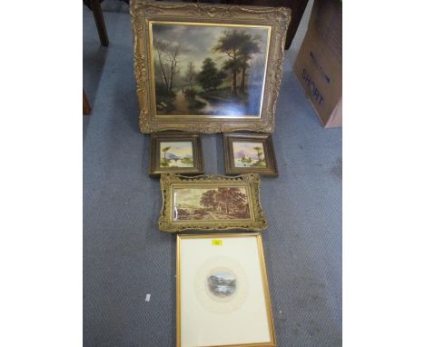 E Ronal - Figure on Woodland path, oil on board, 18cm x 15cm, signed lower right hand corner, in ornate gilt frame, together 