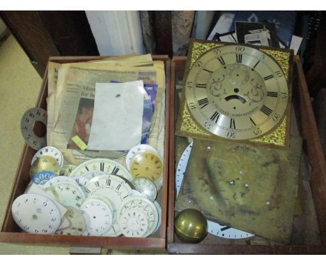 A quantity of clock parts to include brass Grand Father clock dials, other clock dials and twelve convex glass for clocks and