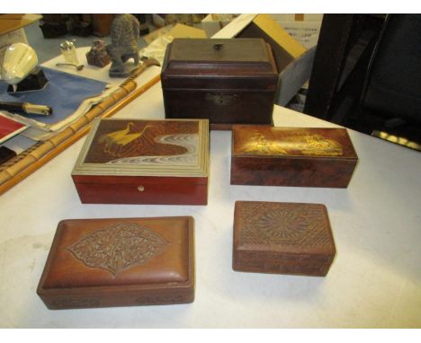 A Georgian mahogany tea caddy together with a burr walnut effect camphor wood box with chinoiserie painted top, signed, a pai