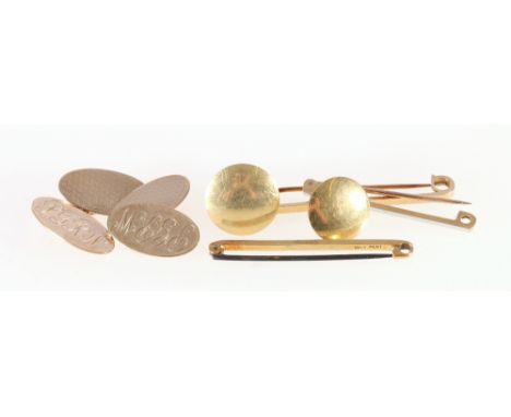 Pair of gents 9ct gold oval cufflinks, two 18ct button studs, two 18ct tie pins and a 15ct gold tie pin, 19g gross.   CONDITI