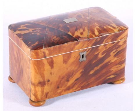 Georgian tortoiseshell tea caddy of rectangular form, domed cover, inlaid white metal stringing panel and escutcheons, on fou