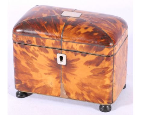 Georgian tortoiseshell tea caddy of rectangular form, domed cover, inlaid white metal stringing panel and escutcheons, on fou