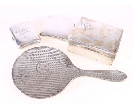 Rectangular silver cigarette box, 11cm and an engine turned hand mirror 25cm and two cigarette cases, 8cm and 8.5cm . (4)