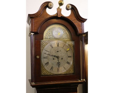 George III oak and mahogany longcase clock, the arched brass dial engraved John Smith Pittenweem Fife, with silvered centre s