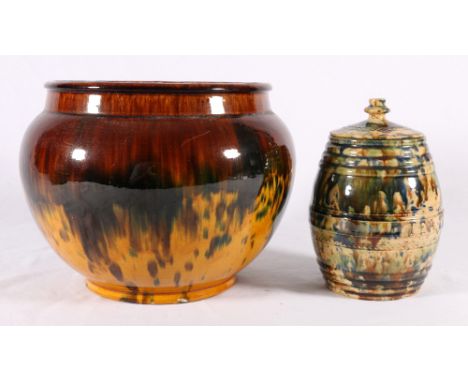 Dunmore jardiniere and a Port Seaton tea caddy and cover, both with typically mottled brown and green decoration