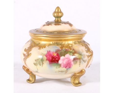 Royal Worcester blush ivory pot pourri vase, of squat form, painted with roses, signed EM Fildes, pattern no H183, 12cm.