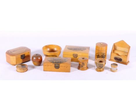 Three Mauchlineware boxes, a letter rack, string tidy, inkwell, bowl and a pear shaped box, etc. (11)