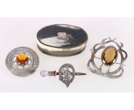 Horn snuff box, Scottish kilt pin, plaid brooch and a brooch modelled as stag horns with central citrine.